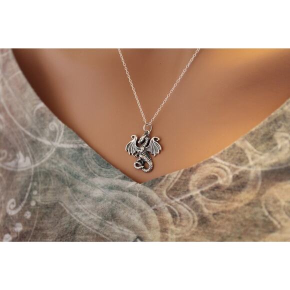 Sterling Silver Dragon Necklace, Silver Dragon Pendant Necklace - Picture 2 of 3